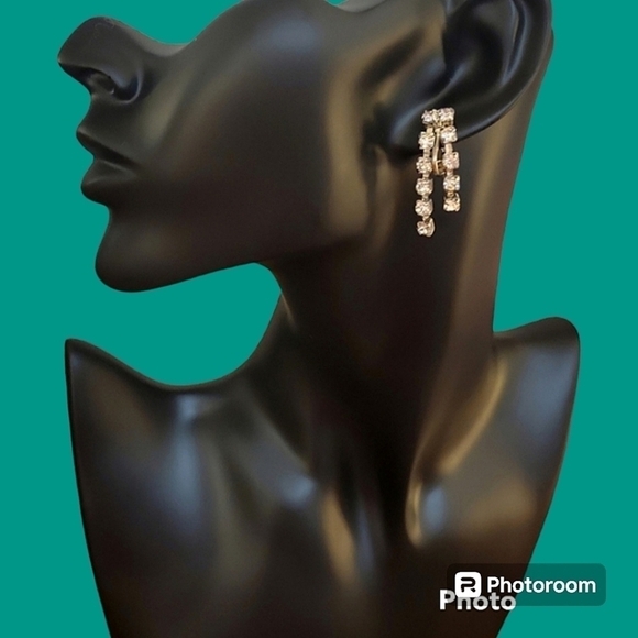 Vtg 1950s Art Deco Rhinestone Old Hollywood Castlecore Dangle Clip-on Earrings - Picture 1 of 5